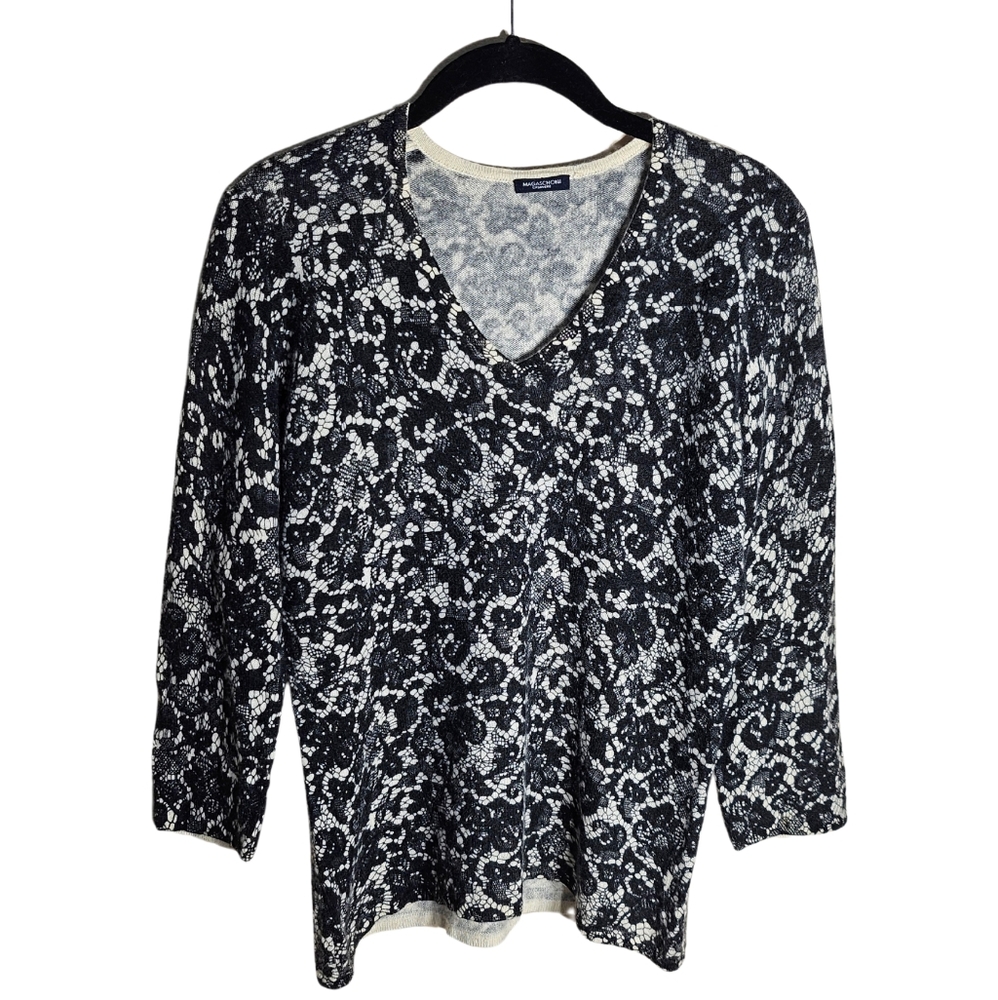 Magaschoni 100% Cashmere Black Lace Print V Neck Sweater 3/4 Sleeve Size L